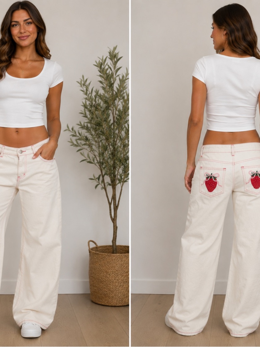 Edikted White Wide-Leg Jeans with Pink Contrast Stitching